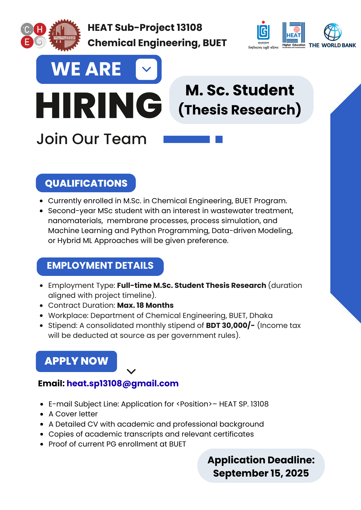 Job circular for M.Sc. Research Student position